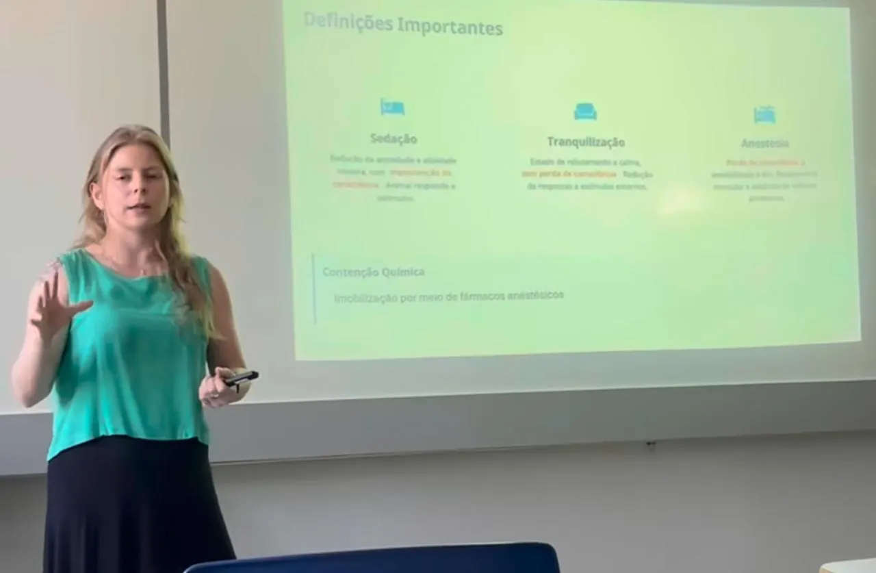 Guta dando aula em frente a uma projeção de slides